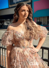 Maureen | A Line Champagne Floral Print Long Prom Dress Stores Near Me - Price #price_variant_lowest# - Champagne Floral - PromDressClub